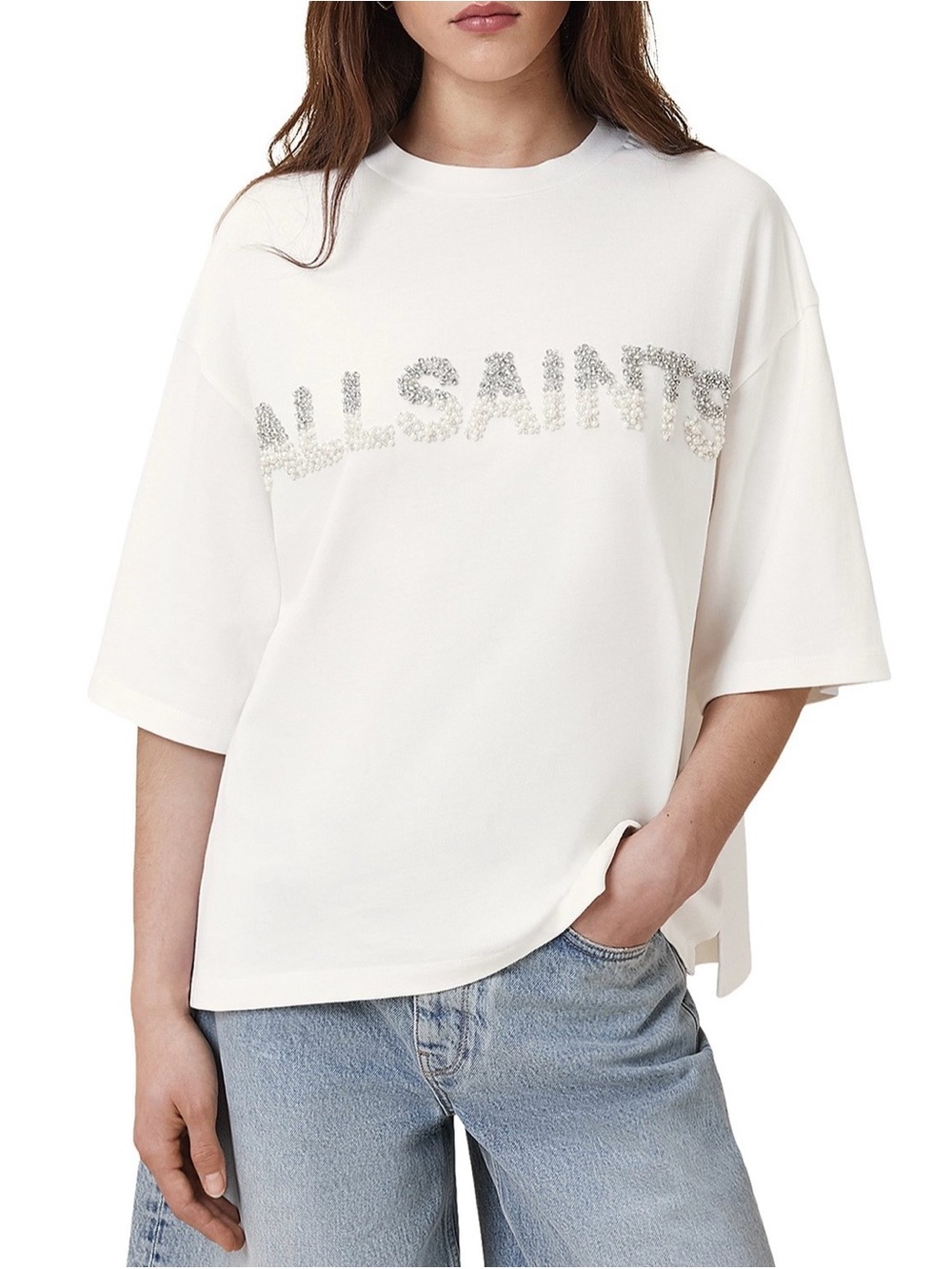 ALL SAINTS White Embellished Logo Oversized Tee, size Medium